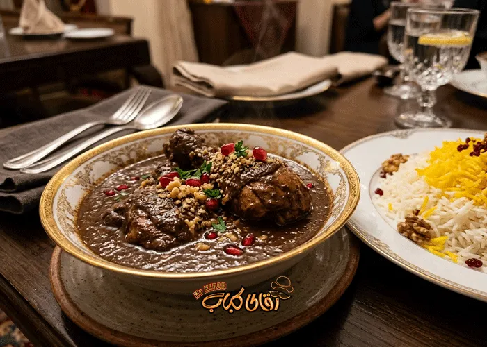 خورش فسنجان تهرانی شیرین به رنگ قهوه ای شکلاتی با مرغ و برنج زعفرانی