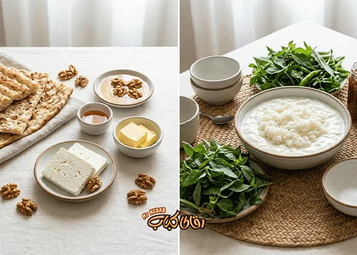 A visual comparison of a traditional Gilan breakfast and a Tehran breakfast.
