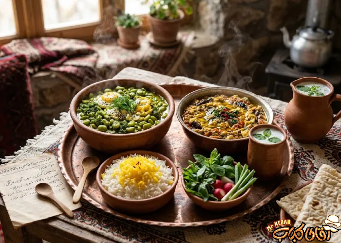 نمای نزدیک از باقلاقاتق و میرزاقاسمی، غذای خانگی گیلکی