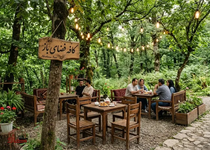 نمای داخلی کافه فضای باز نزدیک جنگل لاهیجان