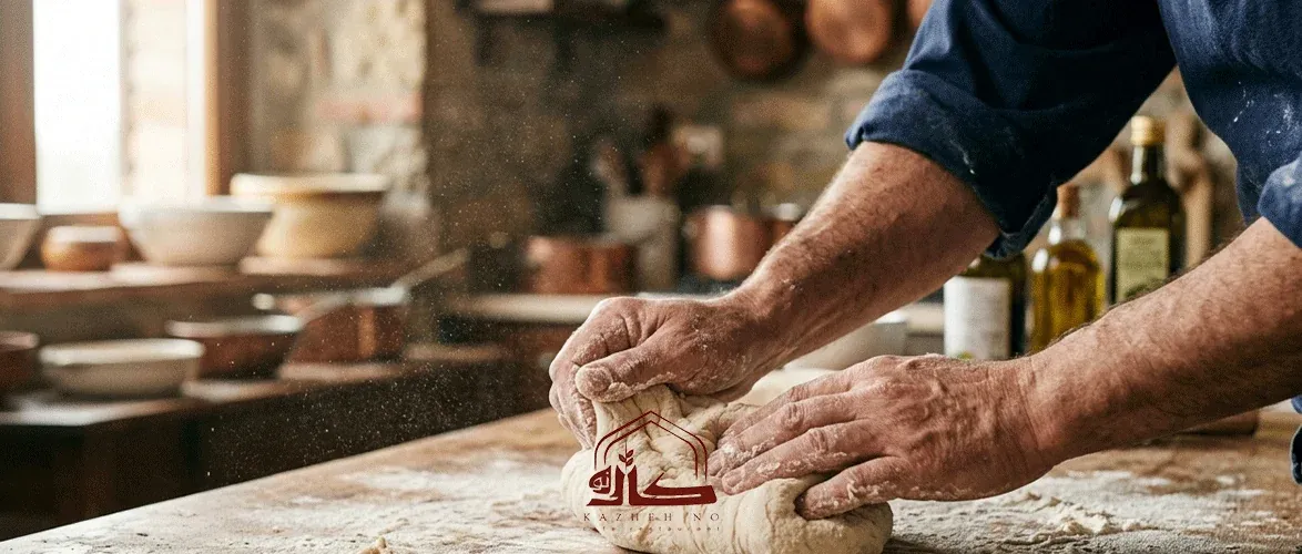 Handmade Italian pizza dough in the kitchen of Café Kazheh-No.