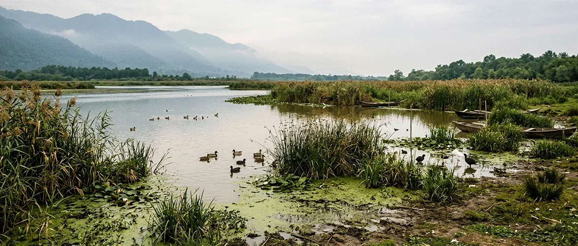 Langarud Wetland, featuring vegetation and native birds.