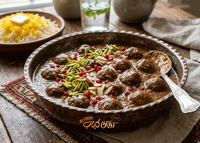 فسنجان ملس تبریزی با گوشت قلقلی و خلال پسته و بادام