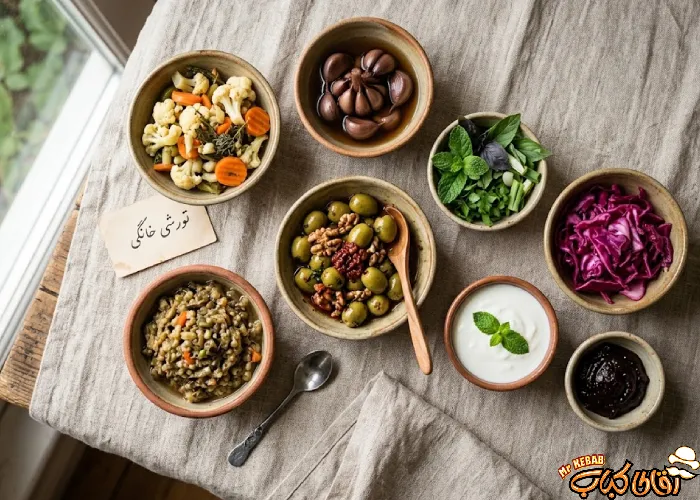 مخلفات و ترشی خانگی گیلکی در ظرف‌های کوچک