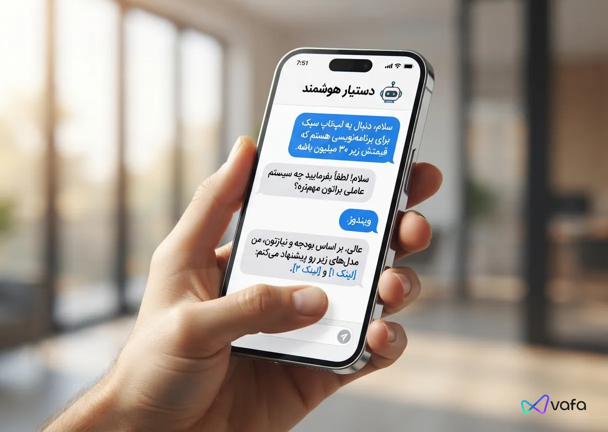 یک اسکرینشات واقعی و مدرن از صفحهٔ وبسایت روی لپتاپ. در گوشهٔ پایین سمت راست، ویجت چتبات باز است و حباب آن حاوی متن فارسی دقیق "سلام! من دستیار فروش هستم..." است. طراحی مینیمال و نورپردازی حرفهای.