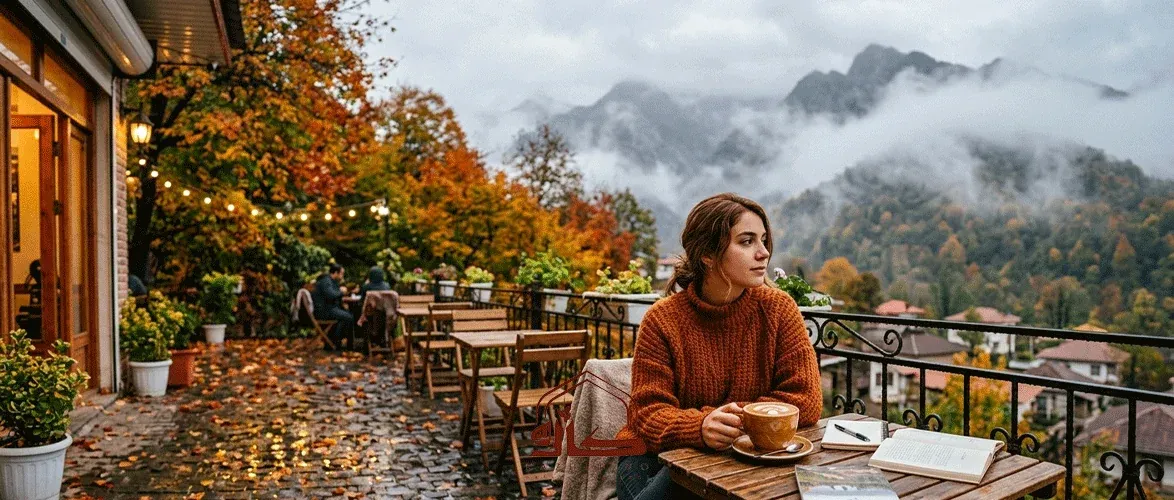 The cozy terrace of an open-air café in Lahijan during autumn.
