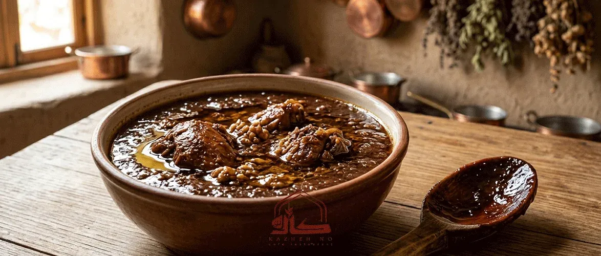 A bowl of authentic Gilani fesanjan and a spoon dipped in plum paste