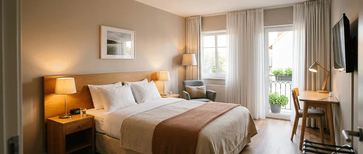 Example of an affordable hotel room in Langarud with amenities.