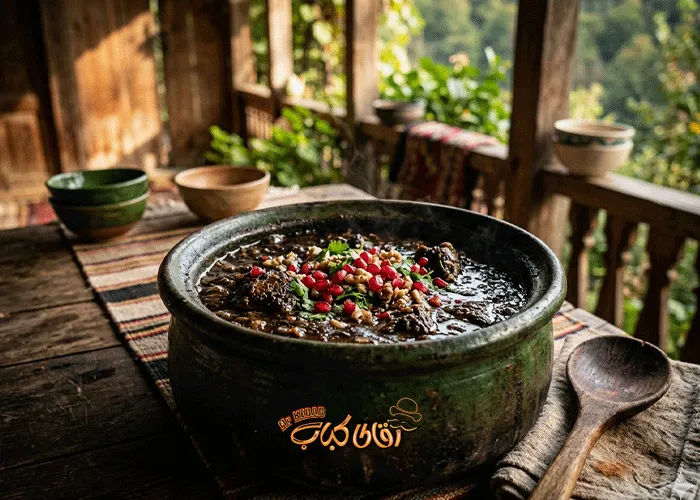 Authentic Northern Fesanjan Stew, Sour and Black in a Clay Pot