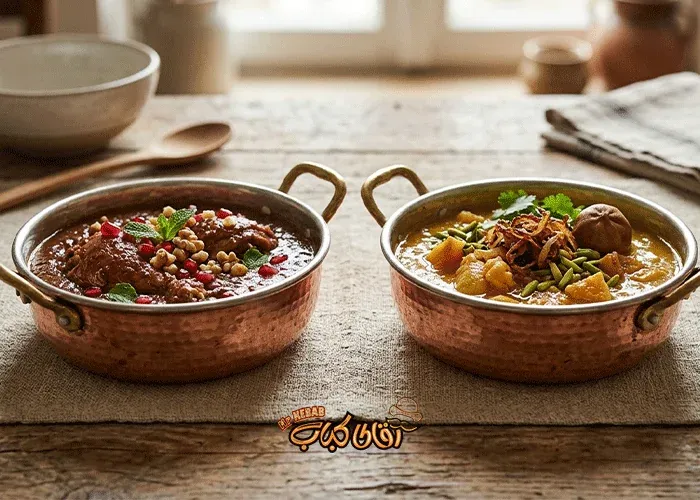 Differences in color and flavor between Gilani and Mazandarani stews cooked in copper pots.