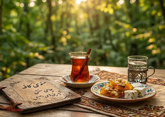 میز کافه فضای باز با چای و دسر در لاهیجان