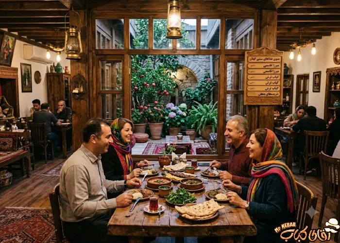 فضای سنتی داخلی یک رستوران محلی رشت با دکوراسیون گیلانی